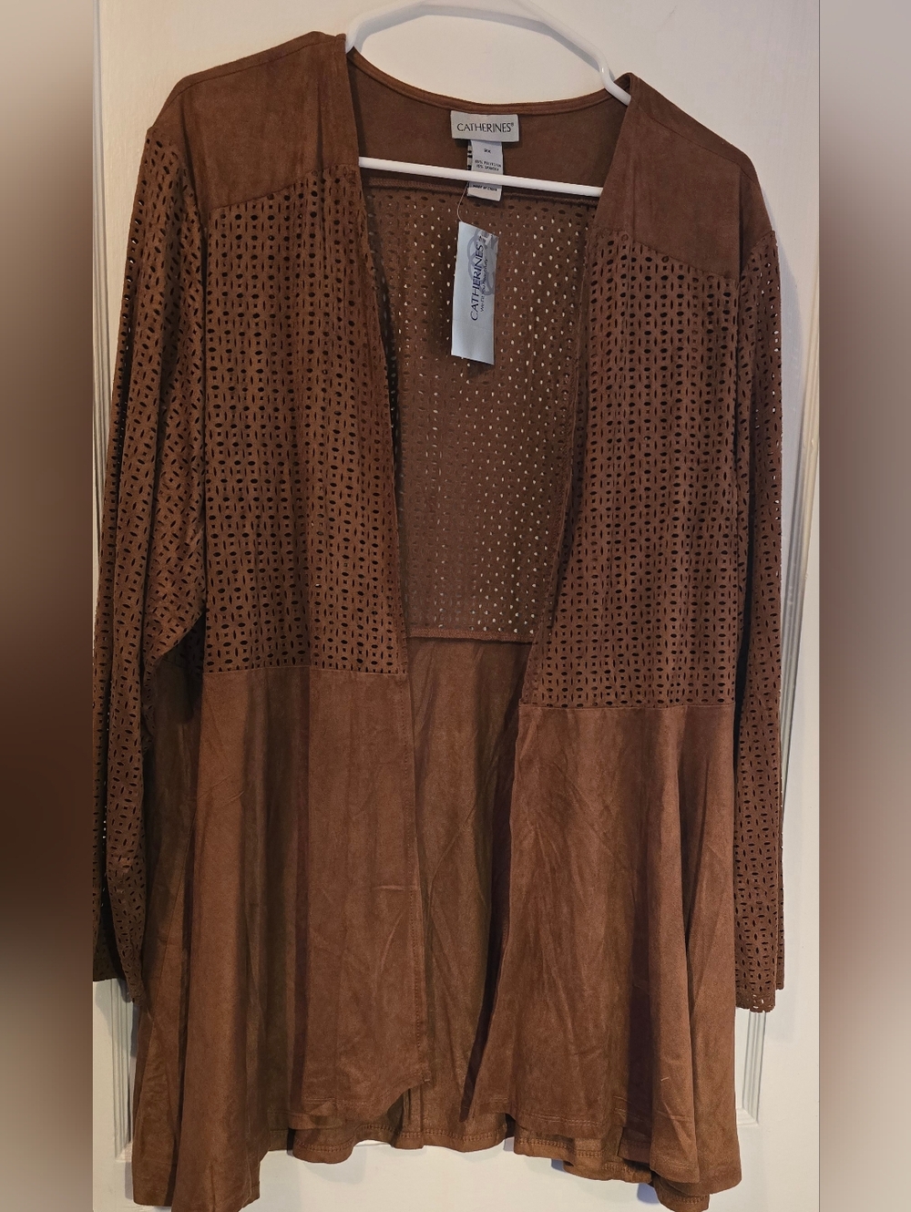 NWT Catherines Brown Perforated Faux Suede Open Jacket